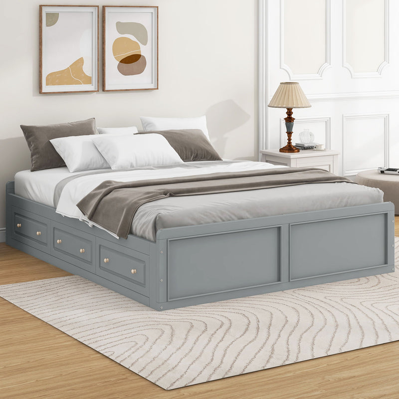 Queen Size Platform Bed Frame With 6 Drawers - Gray