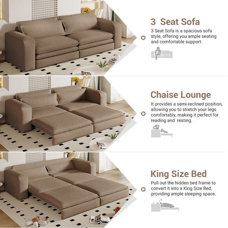 King Size Sleeper Pull Out Sofa Bed, 3 In 1 Convertible Chaise Lounge With 2 Pillows For Living Room - Camel