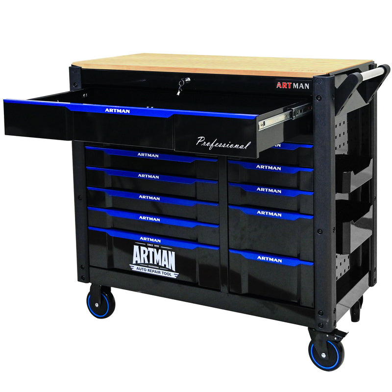 12 Layer Drawer Multi Purpose Tool Cart With Wheels And Wooden Countertops - Black / Blue