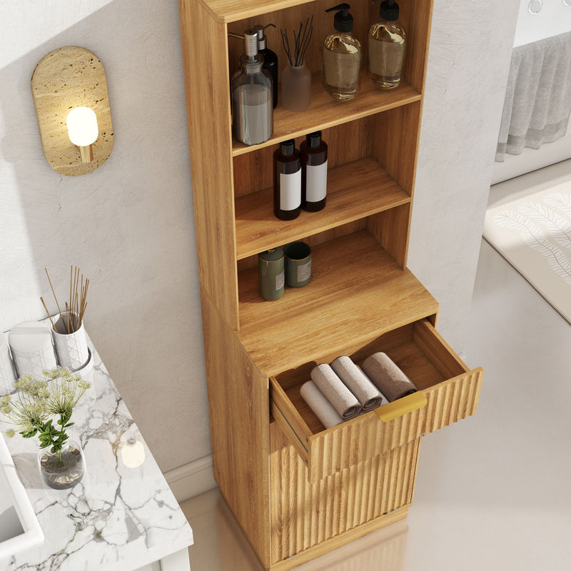 Tall Narrow Fluted Storage Cabinet With Trash Bin Compartment For Kitchen (Trash Can Not Included)