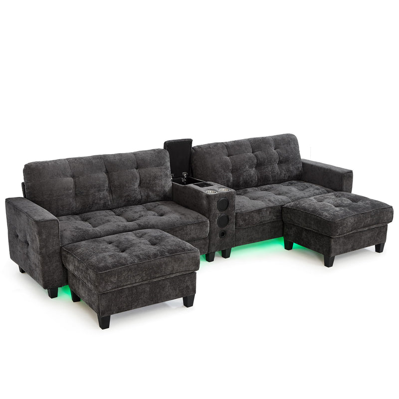 Modern Sectional Sofa U-Shaped With Movable Ottomans, tooth Speakers, LED Lights And Modular Storage