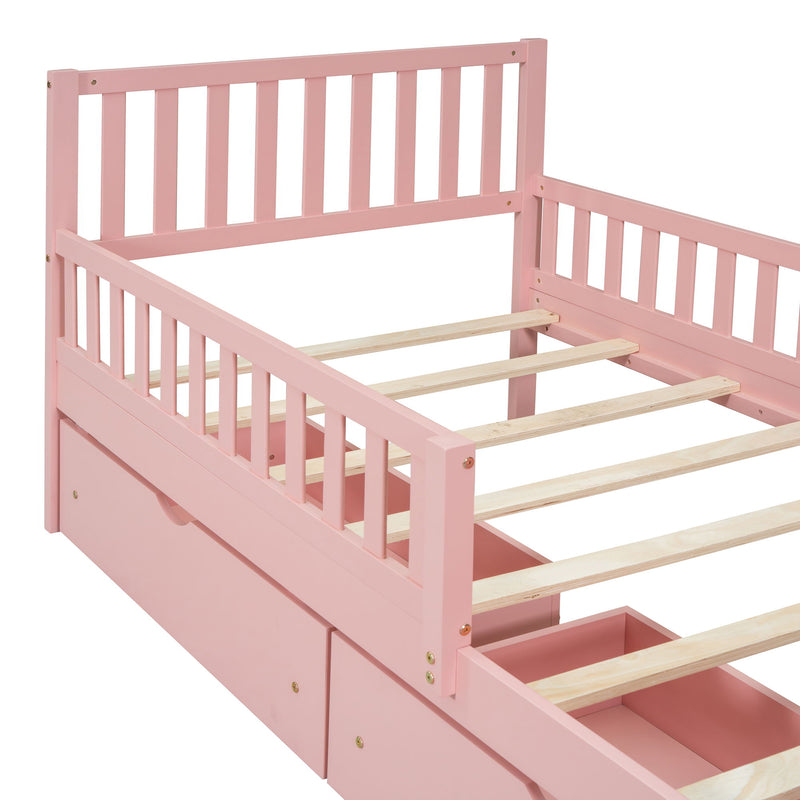 Platform Bed With Guardrails On Both Sides And 2 Storage Drawers