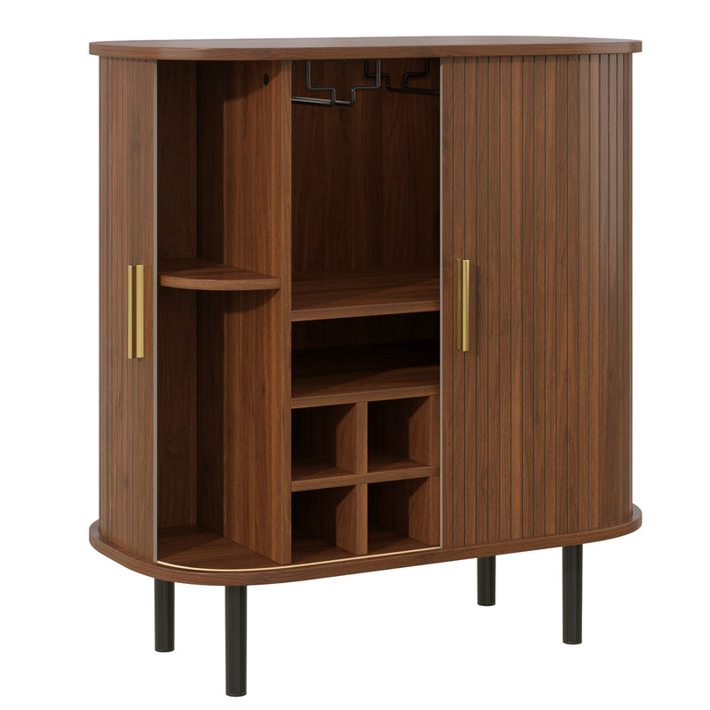 Fluted Wine Bar Cabinet With 8 Grid Wine Rack, 5 Level Adjustable Shelves, 2 Glass Holders