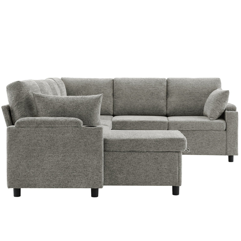 U-Shaped Sectional Sleeper Sofa With Ample Storage Space, 2 Cup Holders And Charging Ports For Living Room