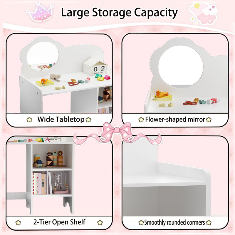 Kids Vanity Table With Mirror And Chair, Dressing Makeup Desk With Storage Shelves - White