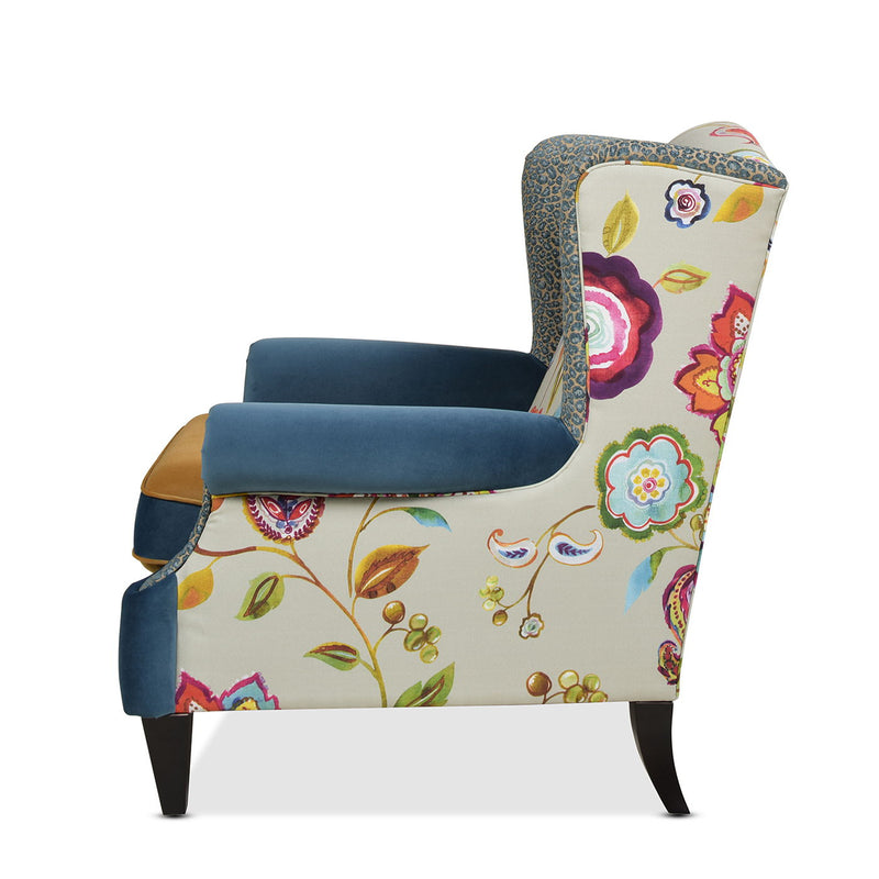 Anya - Boho Chic Wingback Accent Arm Chair - Floral / Leopard / Blue Teal / Yellow Gold