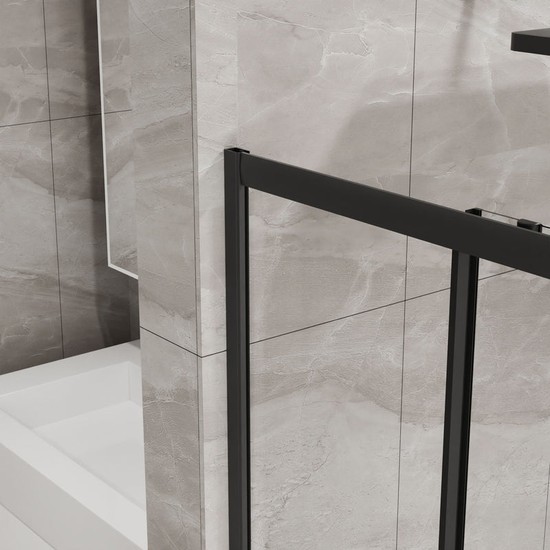 Corner Shower Enclosure, Double Sliding Door & Shower Base - Matte Black
