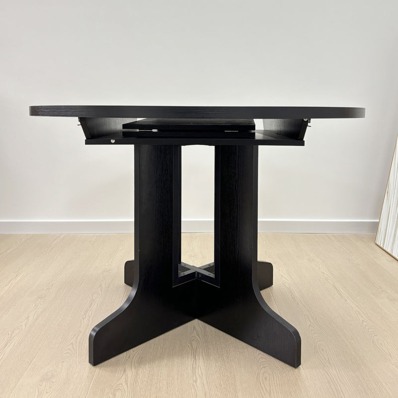 Dining Table For Farmhouse Kitchen Expandable Oval Table Top With Removable Leaf Trestle X Shaped Base - Black