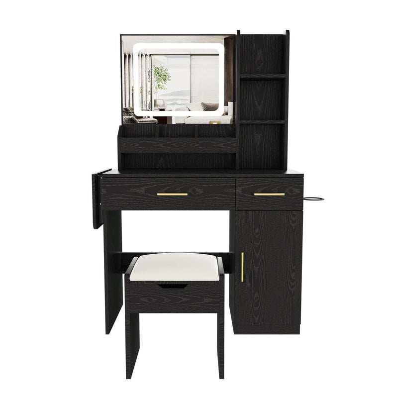 Vanity Desk With LED Mirror Lights And Charging Outlet