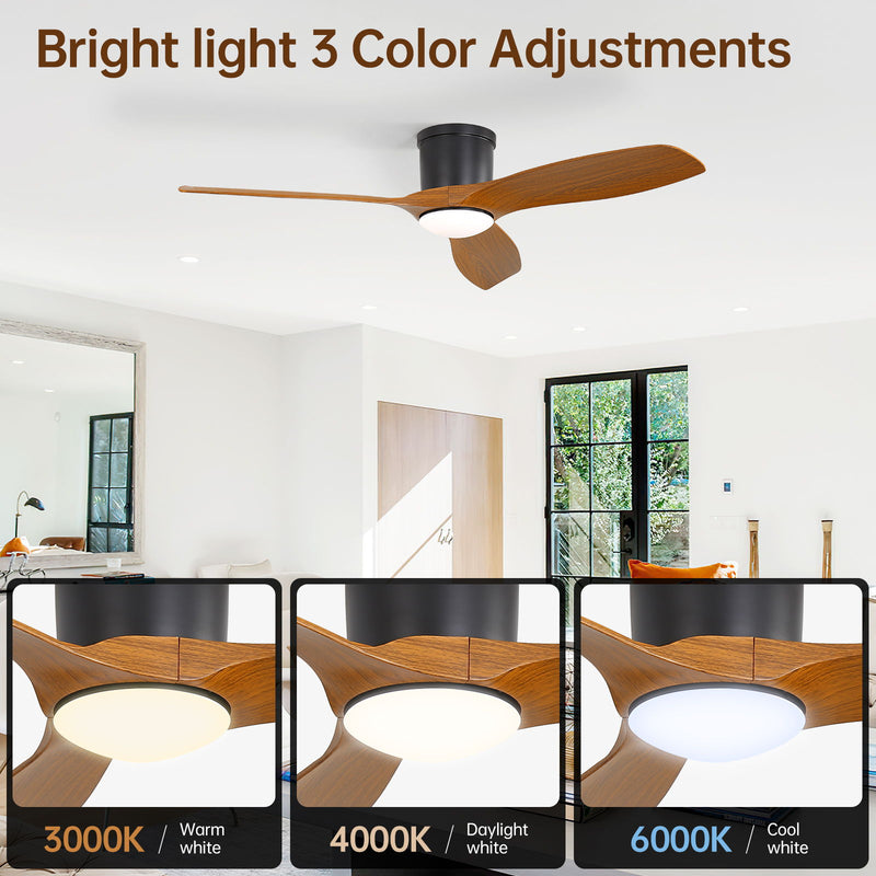 Flush Mount Ceiling Fan With Dimmable LED Light, 3 Blades, Reversible DC Motor Blades For Living Room