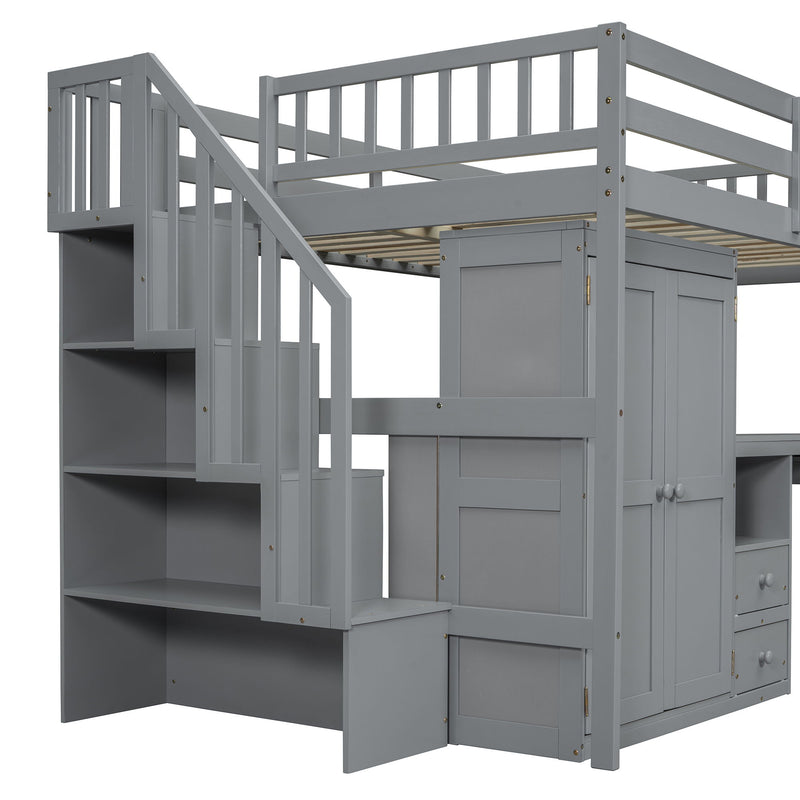 Loft Bed With Stairs, Bookshelf, Drawers, Desk & Wardrobe, Space Saving Multifunctional Furniture
