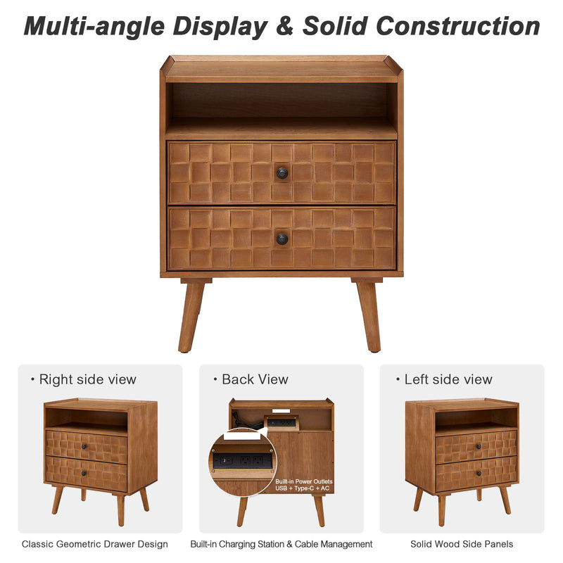 Nightstand With Charging Station, 2 Drawer Bedside Table With Shelf And USB / AC Ports