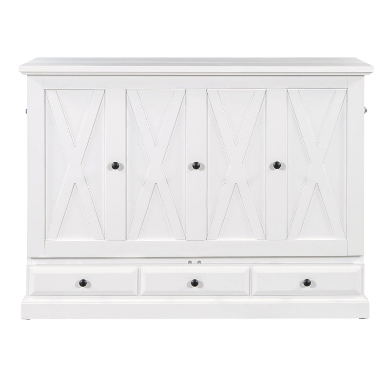 Full Solid Pine Murphy Bed Chest Cube Cabinet Bed With Charging Station And Large Storage Drawer For Home Office Or Small Room - White