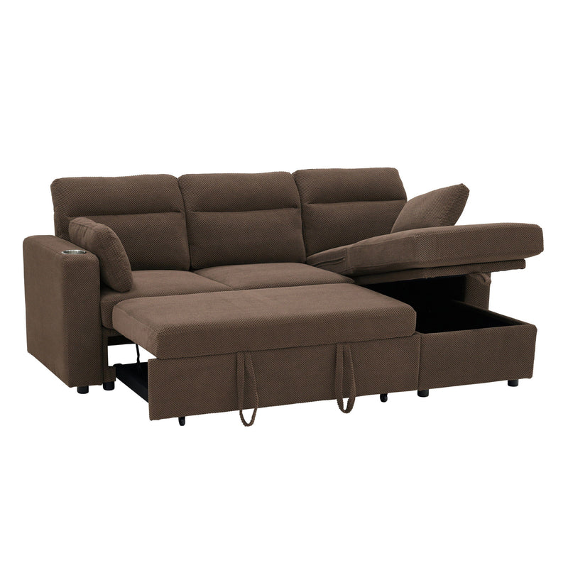 Convertible Sectional Sofa With Storage Chaise, Cup Holders And Pull Out Sleeper