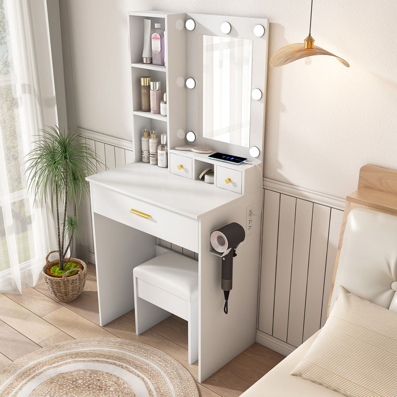 Vanity Table With Mirror, Adjustable LED Lights, Power Outlet, Hairdryer Holder & Stool