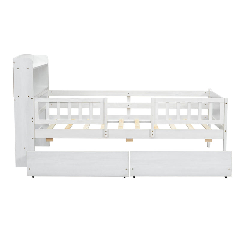 Platform Bed With LED Light, Multi Functional Headboard, Guardrail And 2 Drawers