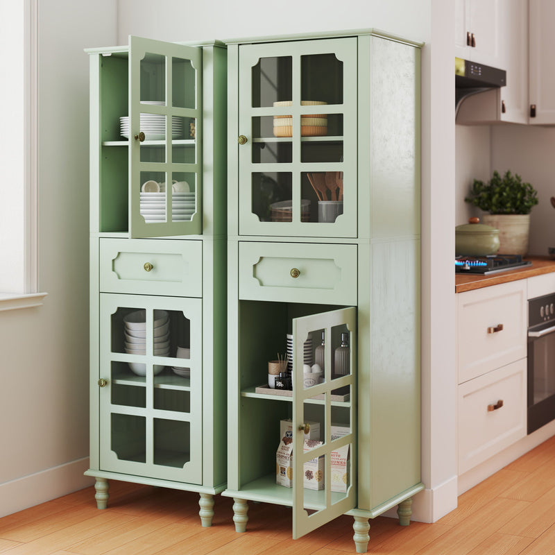 Storage Cabinet, Freestanding Curio Cabinet With Grid Doors & Drawer, Pantry Display Cabinet For Kitchen