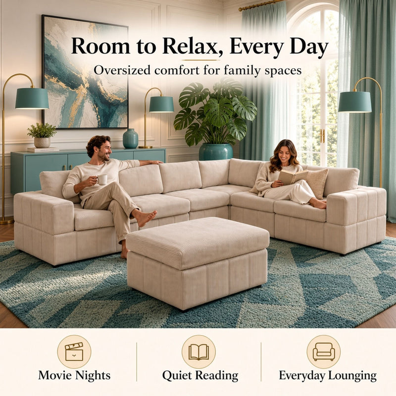 Oversized Modular Sectional Sofa, Reversible With Ottoman