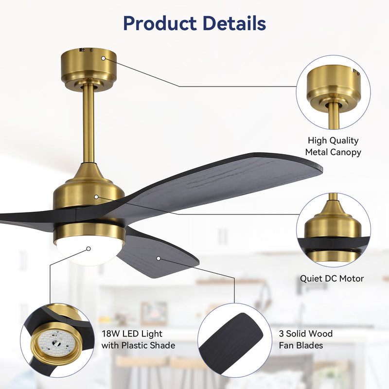 52" Ceiling Fan With Dimmable LED Light, 6 Speed DC Motor, 3 Blades