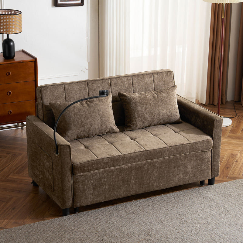 Pull-Out Sleeper Sofa With Reversible Backrest Cushion, Side Pockets, 2 USB Ports And A Phone Holder For Living Room