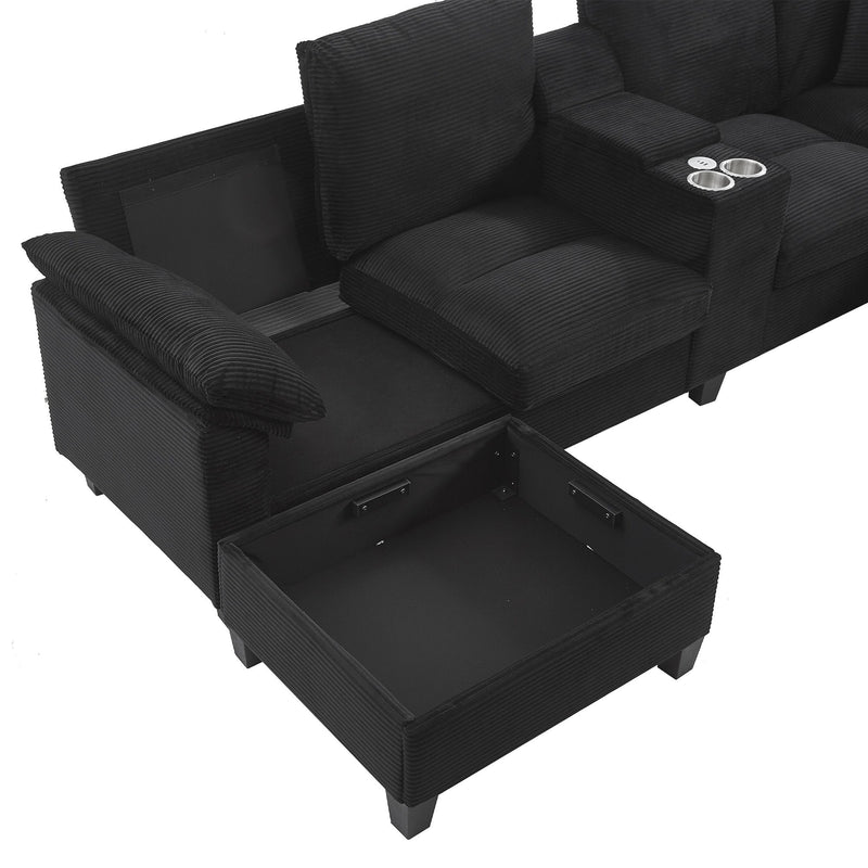 Modern U - Shaped Sectional Sofa With Storage Ottomans, USB Ports, And Cup Holders