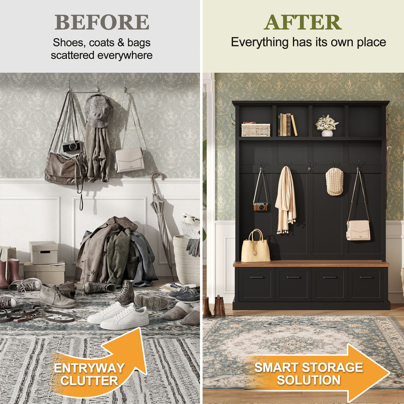 Hall Tree With Storage Bench Mudroom Coat Rack With 6 Hooks