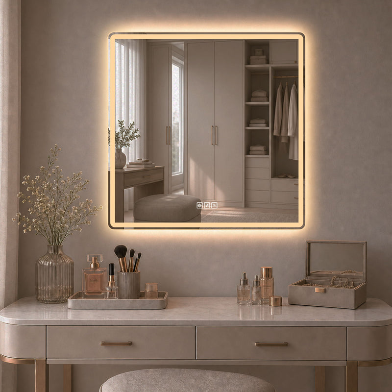 36 X 36 LED Bathroom Mirror With Dimmable Frosted Light Band, 3 Color Temperatures, Anti Fog, Memory & Auto Off - Silver