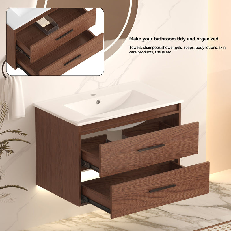 Wall Mounting Bathroom Vanity With Soft Close 2 Drawer, Sink - Reddish Brown