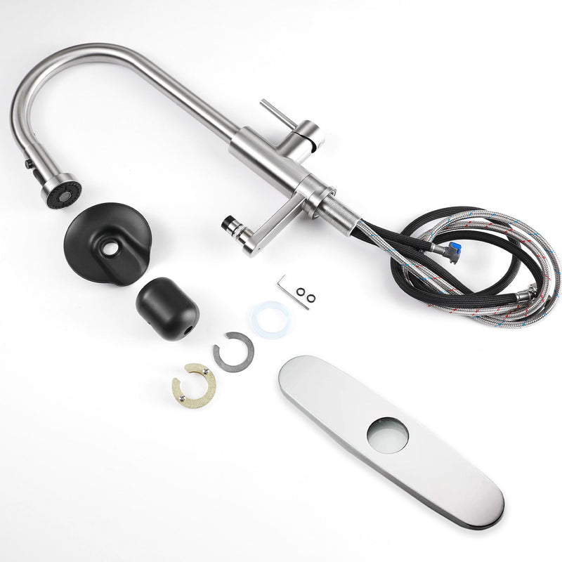 3 In 1 Kitchen Faucet With Press Type Glass Rinser, High Arc Pull Down Sprayer