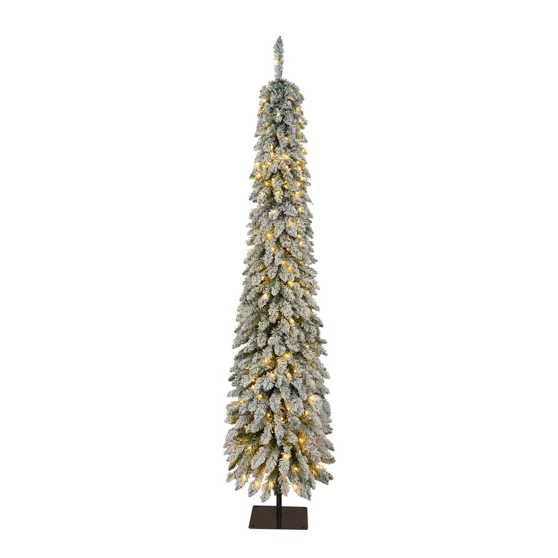 Slim Snow Flocked Pre Lit Pencil Christmas Tree, 3.9Ft / 5.9Ft / 7.9Ft With 750 Branch Tips, 480 LED Lights, Warm Glow, For Indoor Holiday Decor - White