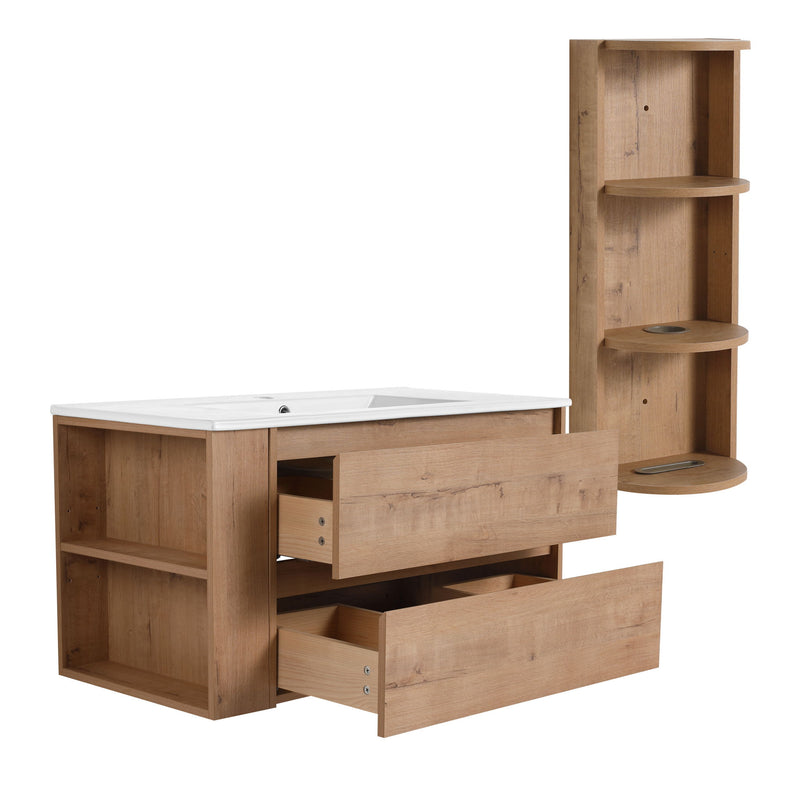 Modern Wall Mounted Bathroom Vanity With Ceramic Sink And Storage Rack, 2 Soft Close Drawers
