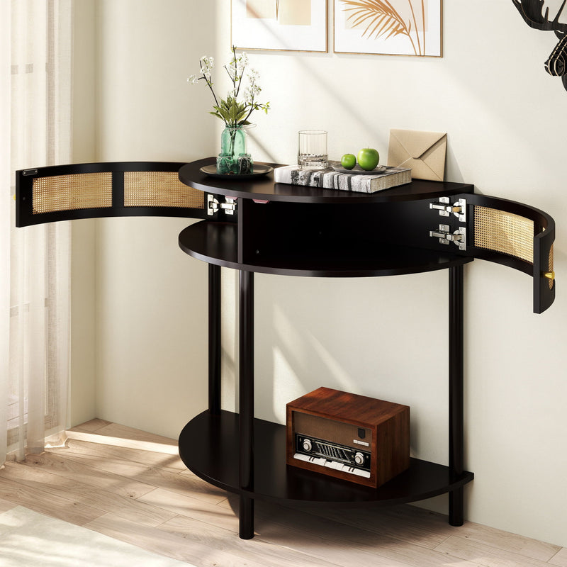 Boho Rattan Semi Circle End Table With Sliding Rattan Door, Storage And Bottom Shelf
