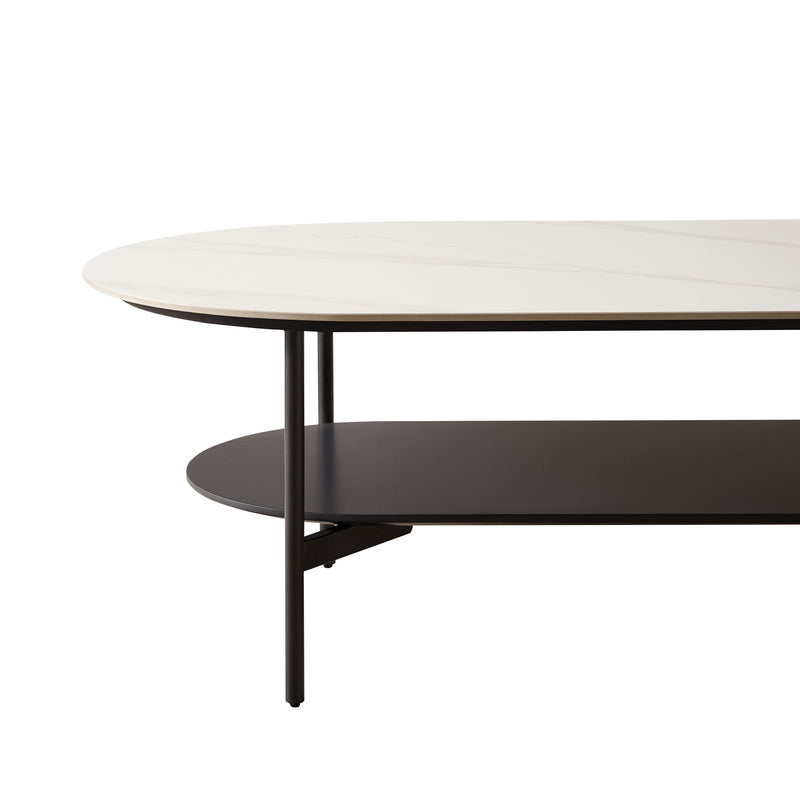 Contemporary Coffee Table Sintered Stone Surface With Ceramic Finish Double Layer Design Base Matte Shelf Modern Living Room Center Table - White / Gray
