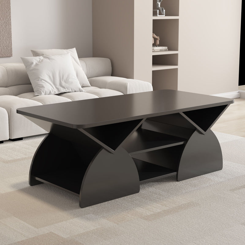 Geometric Engineered Coffee Table With Rounded Corners With Open Shelves
