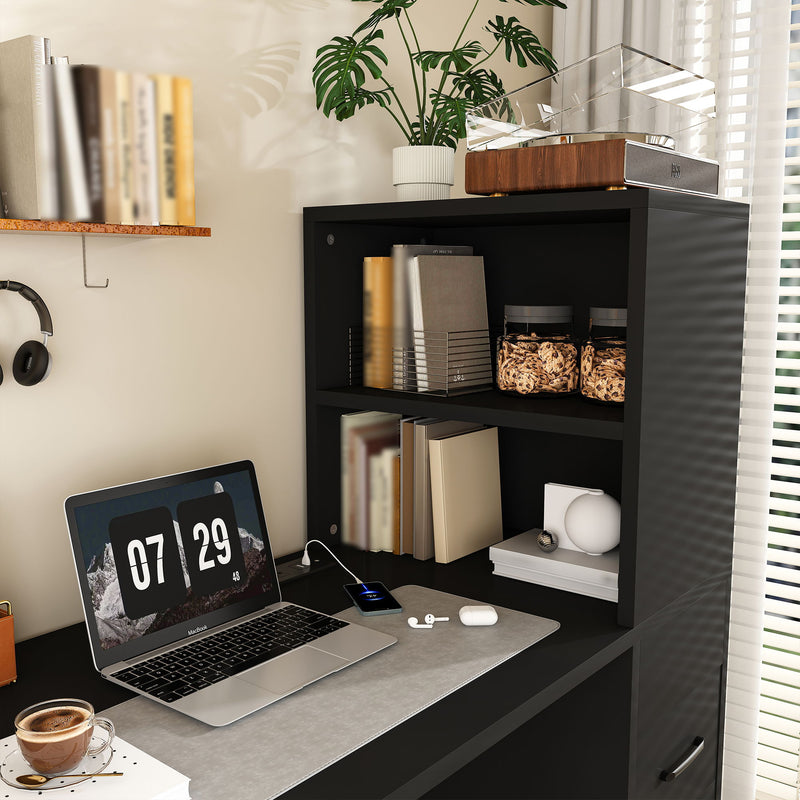 Computer Desk With 4 In 1 Socket, 3 Slide Drawers And 4 Storage Levels, For Home Office - Black