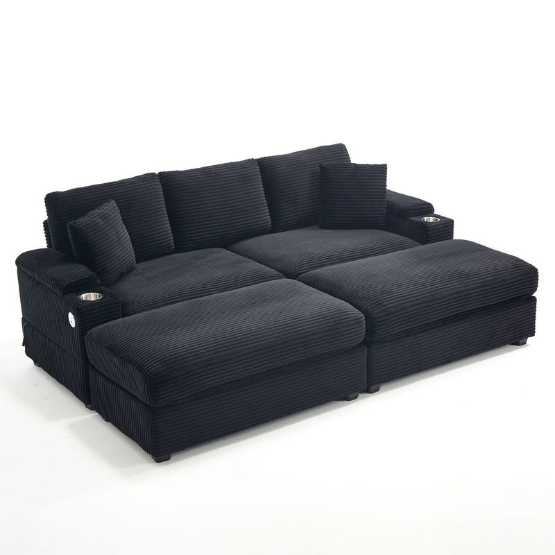 Convertible Sectional Sofa Bed Set With Armrest Storage, Cup Holder, USB - Black