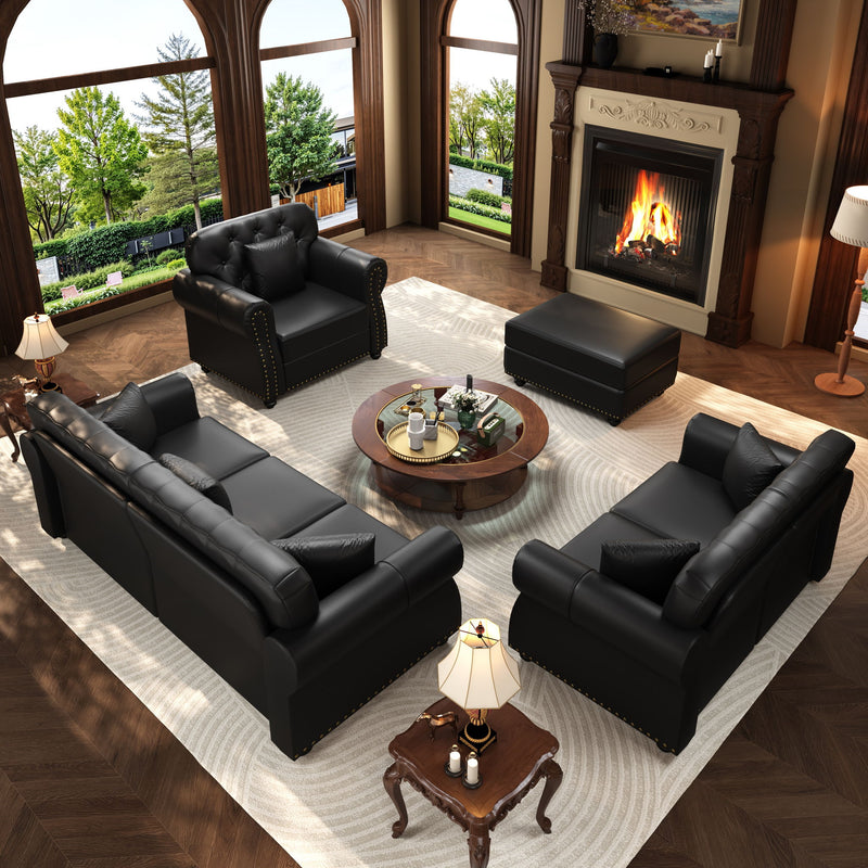 Upholstered Sofa With Nailhead Trim, Rolled Armrests With Ottoman
