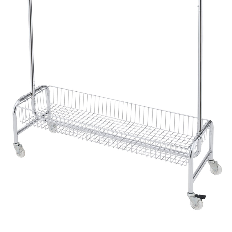 Heavy Duty Iron Garment Rack With Basket On Wheels - Silver