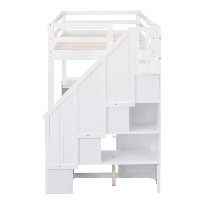 Loft Bed With L Shaped Desk, Drawers, Cabinet, And Storage Staircase
