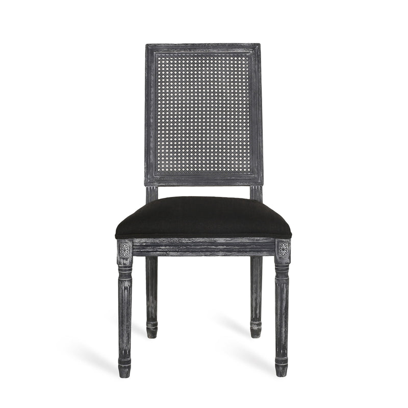 French Country Dining Chair With Rectangular Cane Backrest And Smooth Upholstered Seating