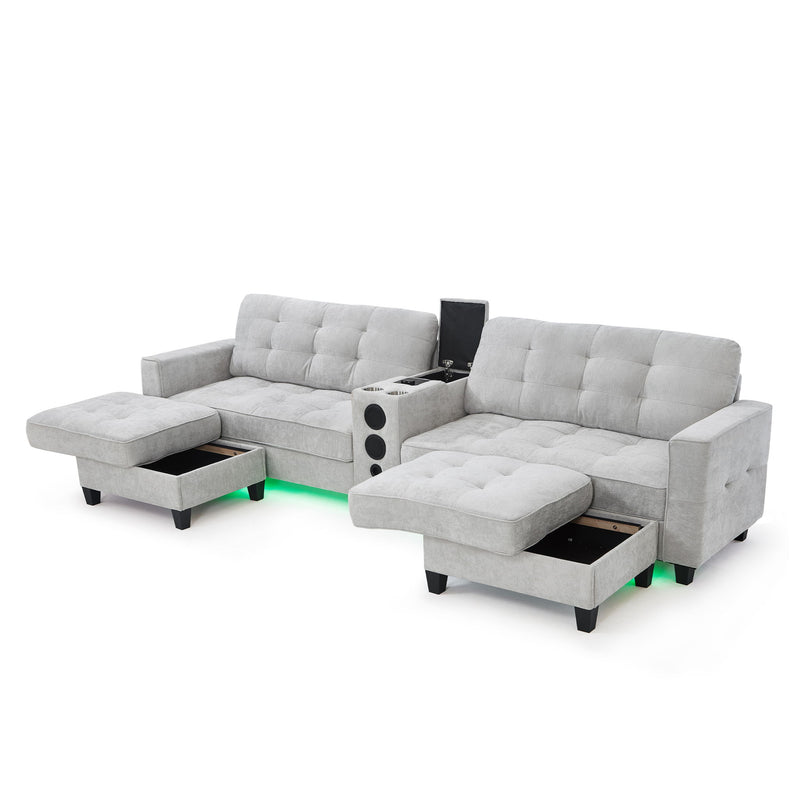 Modern Sectional Sofa U-Shaped With Movable Ottomans, tooth Speakers, LED Lights And Modular Storage