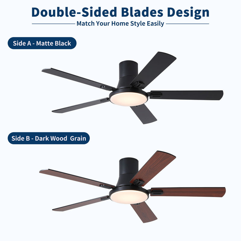 Flush Mount Ceiling Fans With LED Light And Remote Control, 5 Blades