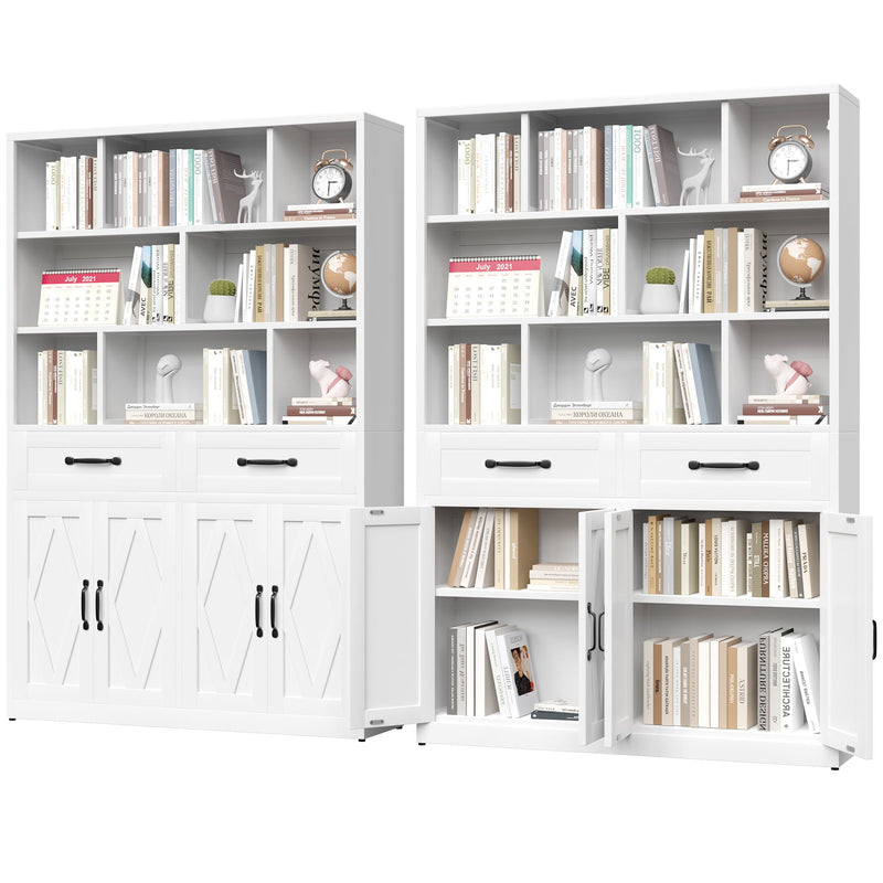Bookcase Tall With 2 Doors & 2 Drawers, Fixed Open Shelves - White