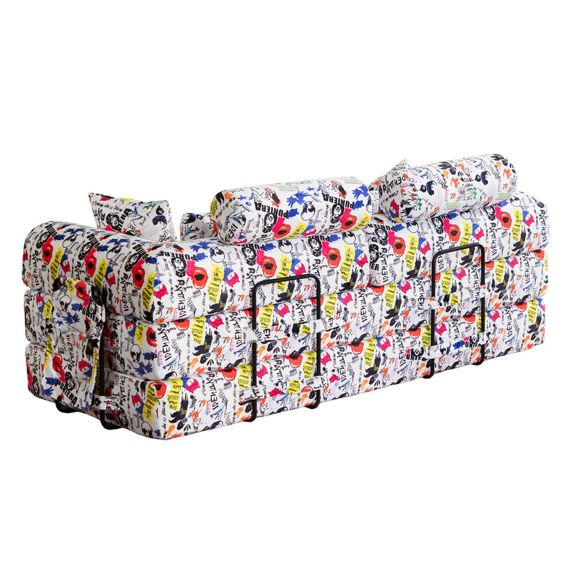 Pop Graffiti Printed Convertible Sleeper Sofa Bed, Foldable Multi Functional Couch For Living Room - White
