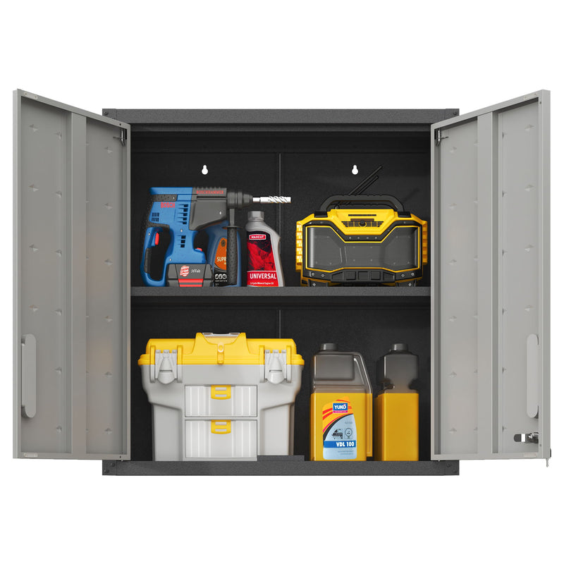 Metal Wall Mounted Tool Storage Cabinet With 2 Locking Doors, Adjustable Shelf, And Drawer