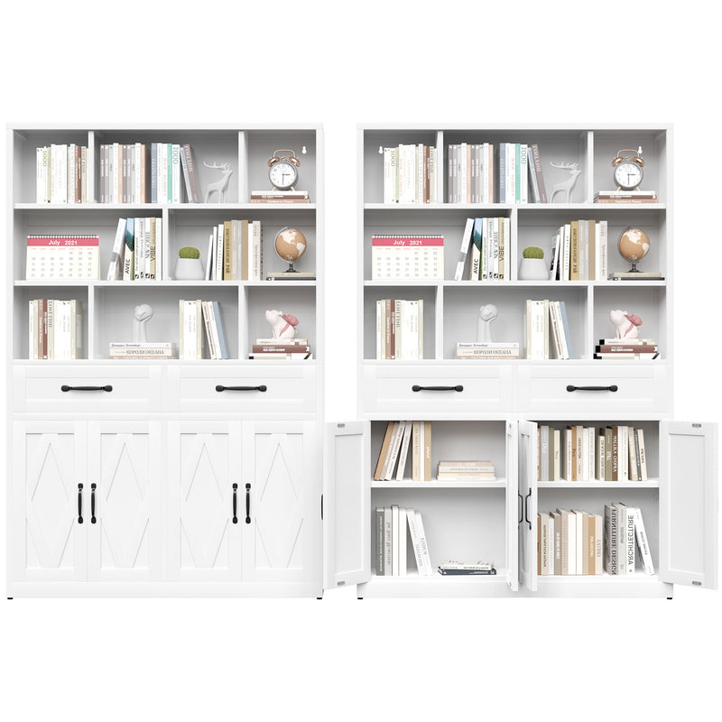 Bookcase Tall With 2 Doors & 2 Drawers, Fixed Open Shelves - White