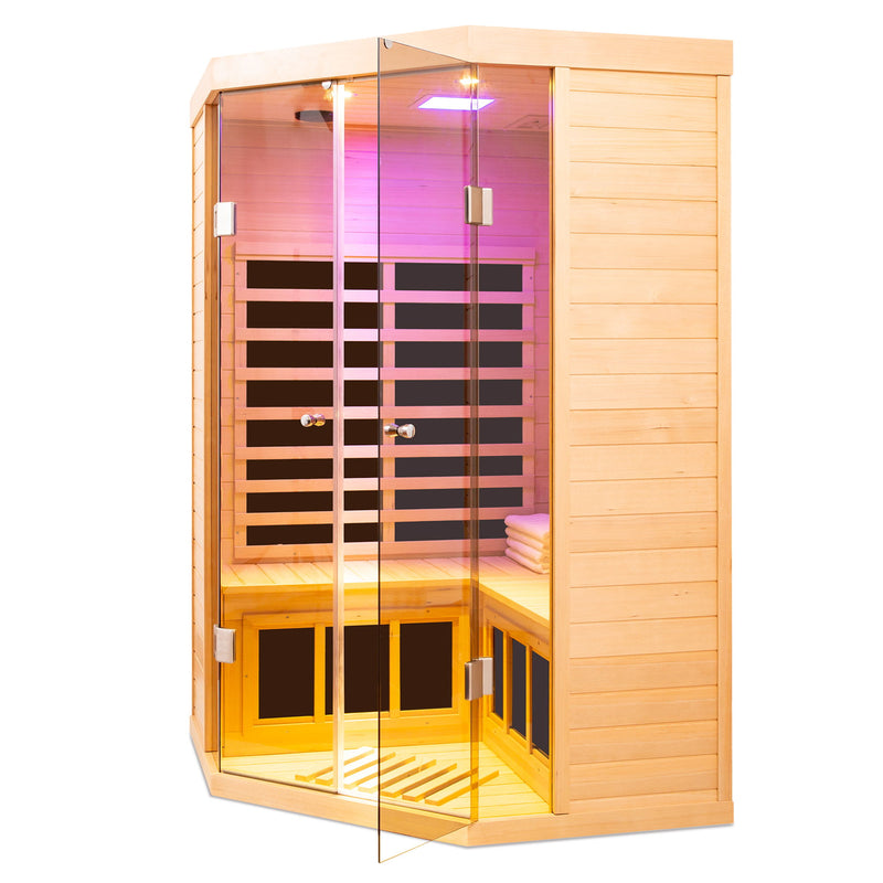 2 Persons Large Glass Front Deluxe Version Hemlock Far Infrared Corner Sauna Room - Natural