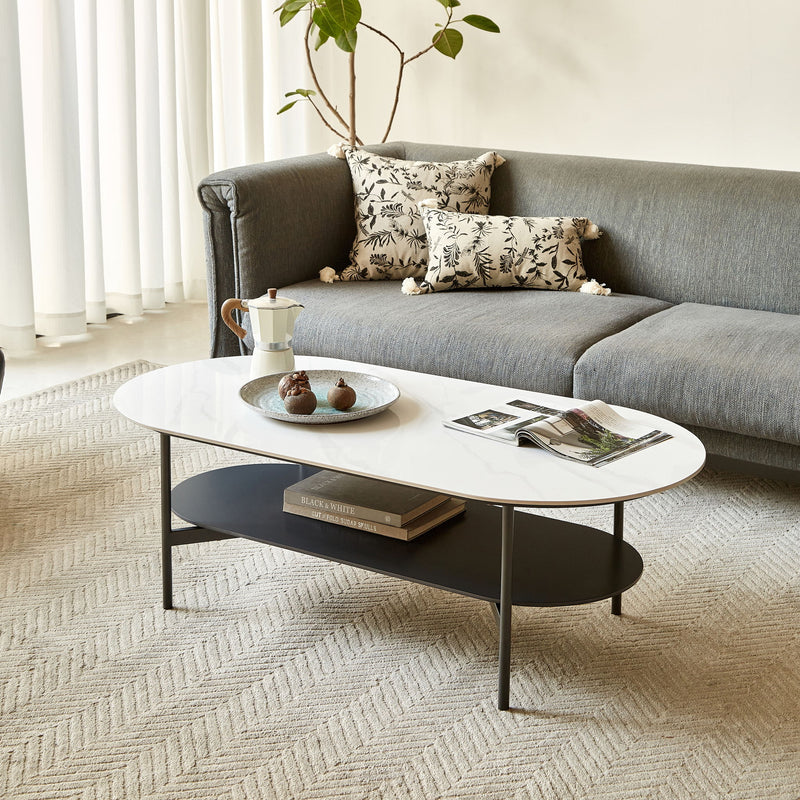 Contemporary Coffee Table Sintered Stone Surface With Ceramic Finish Double Layer Design Base Matte Shelf Modern Living Room Center Table - White / Gray
