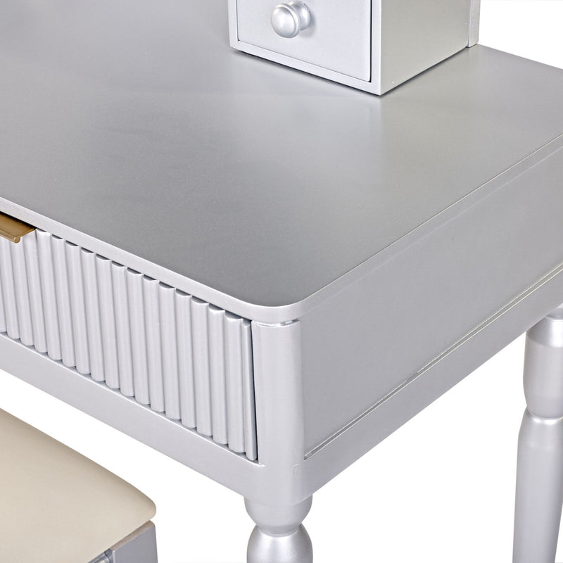 Luxury Vanity Desk With Round Mirror Height Adjustable Dressing Table Set Engineered Wood - Silver