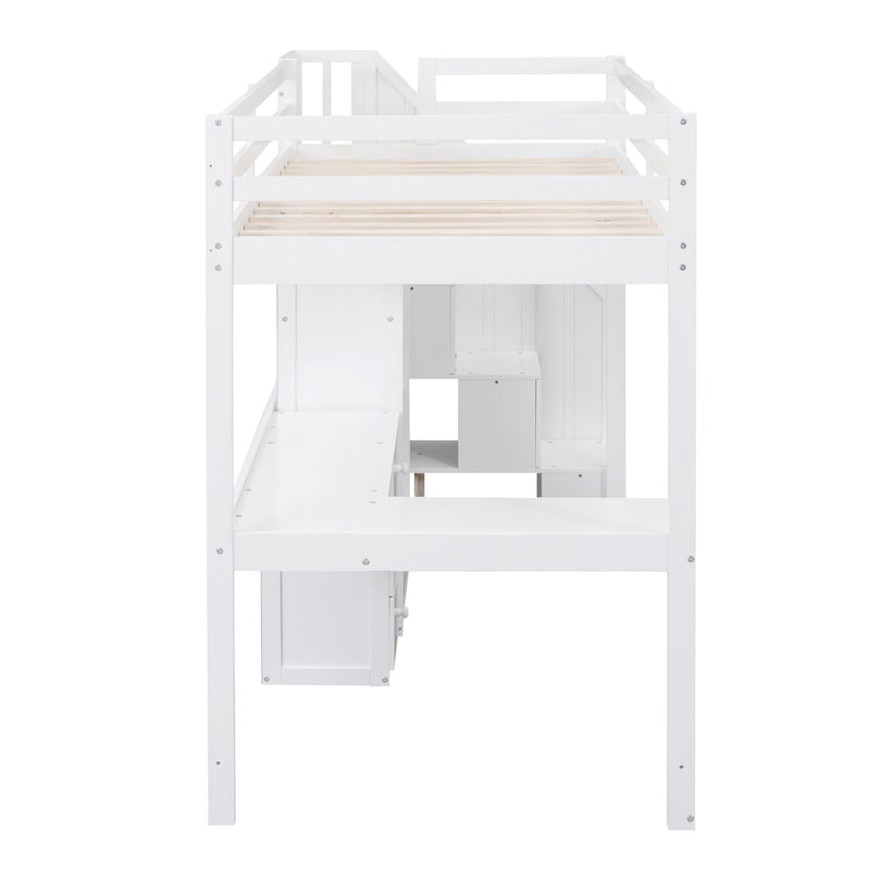 Loft Bed With L Shaped Desk, Drawers, Cabinet, And Storage Staircase